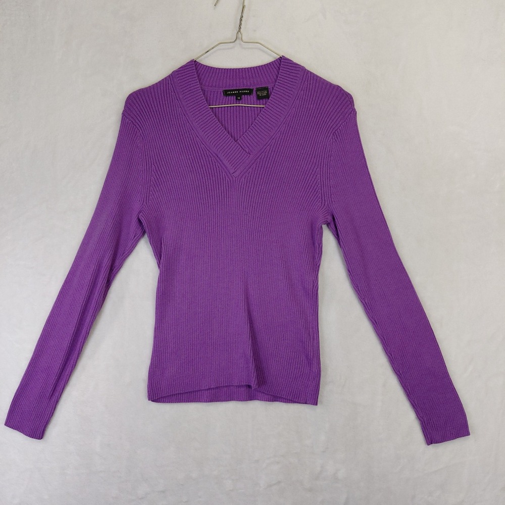Jeanne Pierre Purple Ribbed Cotton V-Neck Long Sleeve Sweater Womens Medium